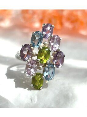 Rainbow Natural Gemstone ClusterSterling Silver 925 Vintage Ring - sz 7